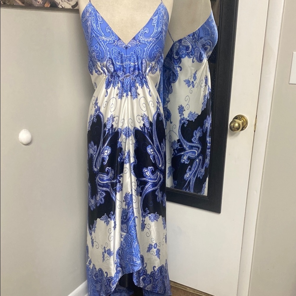 Vintage Silk Elegant Floral Paisley Pattern VNeck Backless Dress w/long train